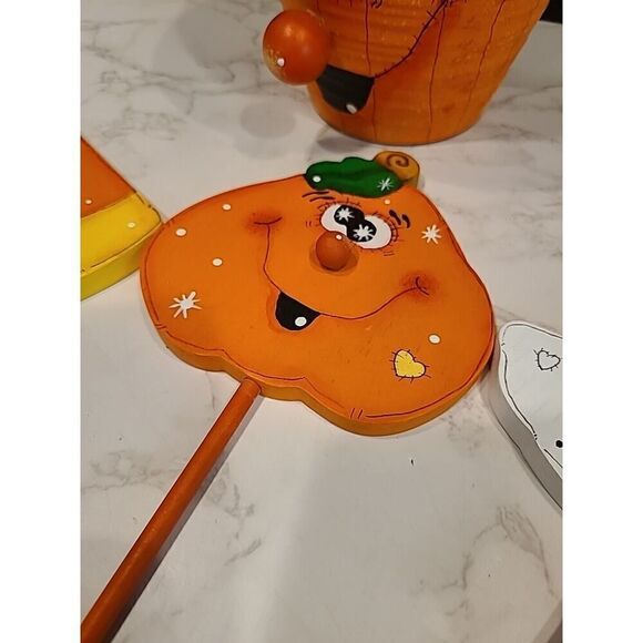 Hand Painted Wood Folk Art Ghost Pumpkin Candy Corn 3D Planter Décor Halloween - Picture 9 of 11